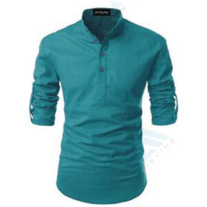 Mens Plain Short Kurta - Cotton, Customized Size, Blue Color, Long Sleeve | Washable, Minimalistic Band Collar, Versatile For Casual Or Semi-formal Wear